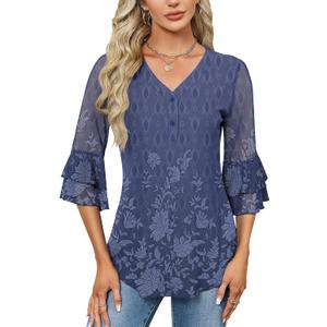 Rapbin Women Dressy Blouse 3/4 Sleeve Tiered Bell Sleeve Double Layers Mesh Shirt Trendy Flowy Tunic (X-Large, A2 Blue Floral)