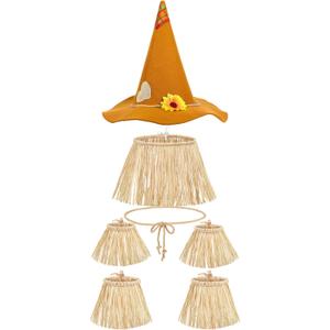 Geyoga 7 Pieces Scarecrow Costume Set Include Raffia Scarecrow Straw Kit Hat for Halloween Harvest Party Accessory (Simple Color)