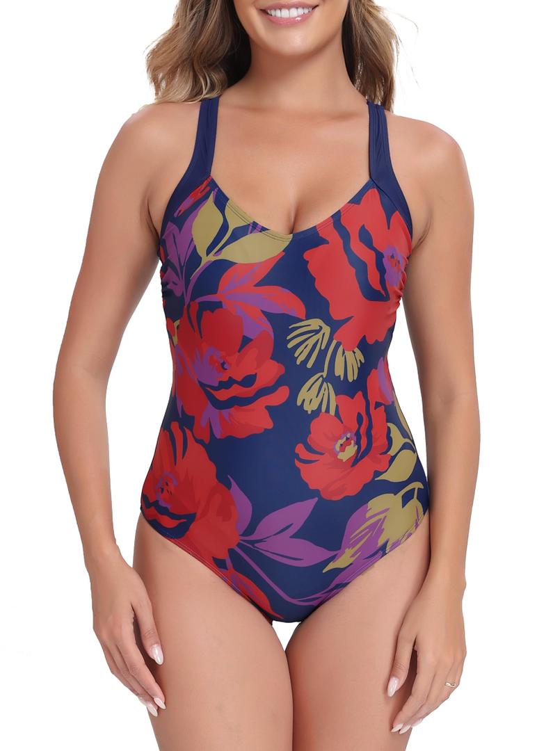 Itzel Women's V Neck One Piece Swimsuit Modest Navy Red Floral 8 (Blue)