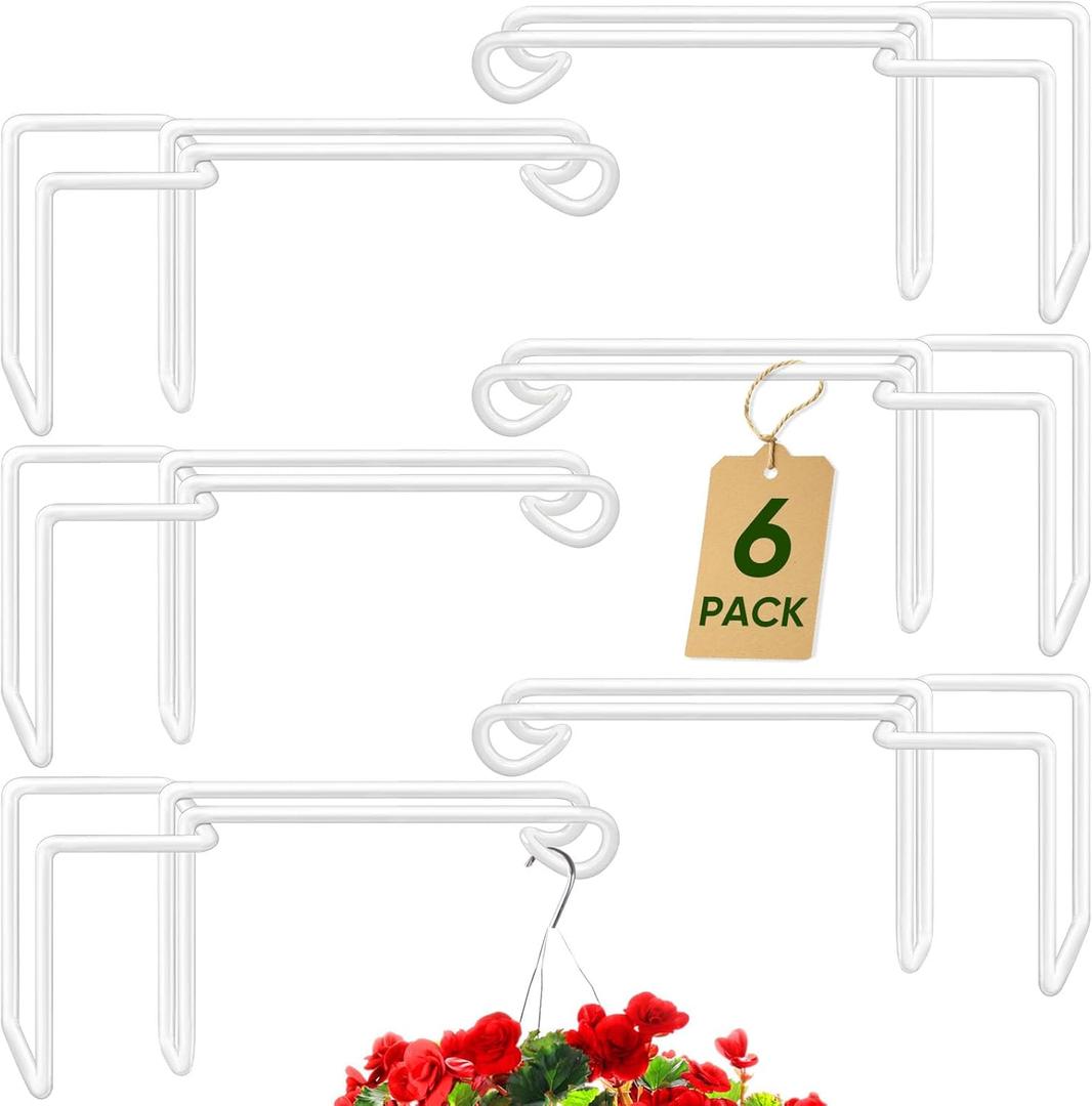 Vinyl Fence Hooks for Hanging Plants,6 Pack 5 x 10 inch Heavy Duty White Outdoor Plant Hanger Bracket for Basket, Flower Pot, Bird Feeders, Patio Lights,Wind Chimes, Pool Tools