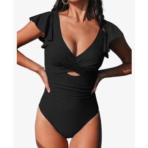 Women's One Piece Swimsuit Tummy Control Bathing Suit V Neck Ruffled Wrap Ruched Cutout Back Hook, L