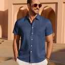 Mens Linen Shirt Short Sleeve Wrinkle Free Casual Untucked Button Down Shirts Beach Breathable Tops Summer (Blue, XL)