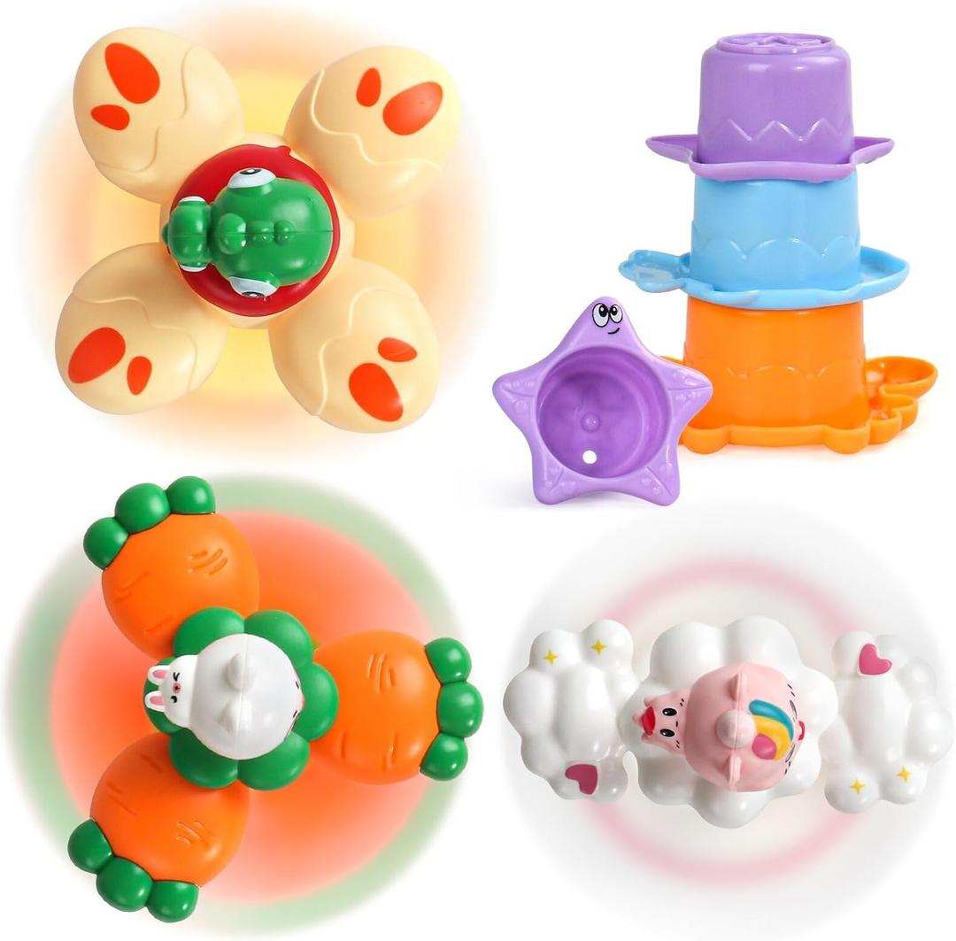3D Animal Suction Spinners Mold Free Baby Bath Toys for Kids Ages 1-3 with 3 Stacking Cup for Travel Car Window High Chair Airplane Baby Sensory Toys Boys & Girls Christmas Birthdays Gift (6 Pcs)