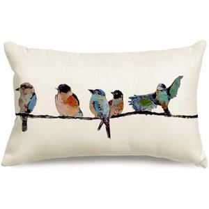 RABUSOFA 12x20 Lumbar Pillow Decorative Throw Pillows,Small Hand-Painted Outdoor Birds Pillowcases,Spring Summer Pillows Decorative Throw Cushion Covers Linen for Couch Sofa Teal Blue, 2 Pack