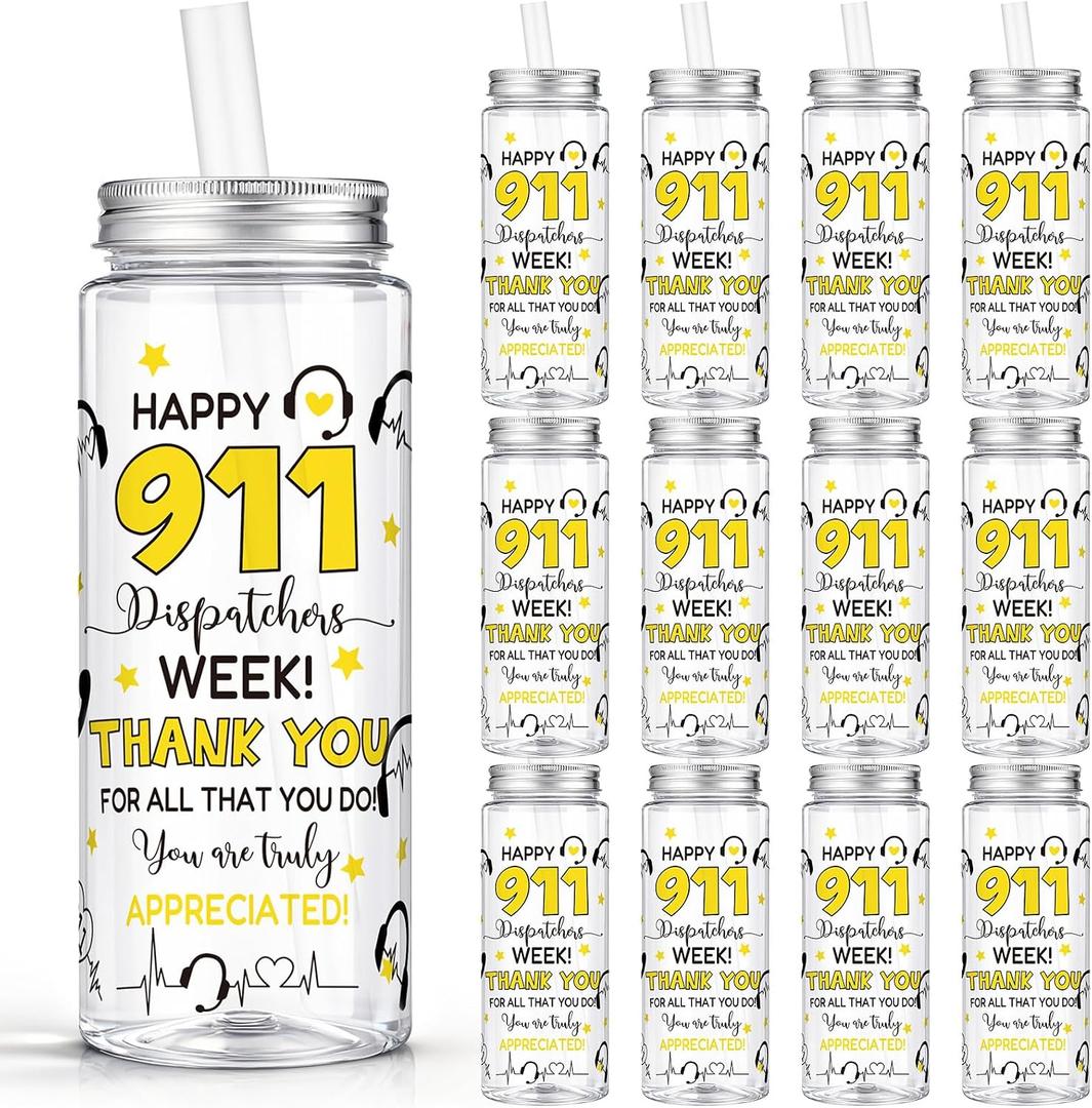 Vesici 24 Pcs 911 Dispatch Appreciation Week Gift 14.2oz Thank You Gifts Lid and Straw Plastic Reusable Tumbler Bulk Drinking Cup for Dispatcher Happy 911 Dispatch Appreciation Week Party Favors