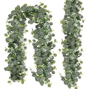 N&T NIETING 2 Pack Artificial Eucalyptus Garland with Flowers, Faux Greenery Garland Decor 6FT Eucalyptus Vines, Fake Hanging Vines Summer Garlands for Mantle Wedding Backdrop Decorations