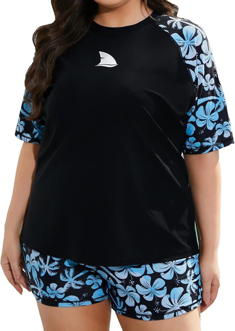 Women's Plus Size Short Sleeve Rash Guard Sets Swim Shirts with Shorts Two Piece Swimsuit UPF50+ (2X, Black/Green Floral)