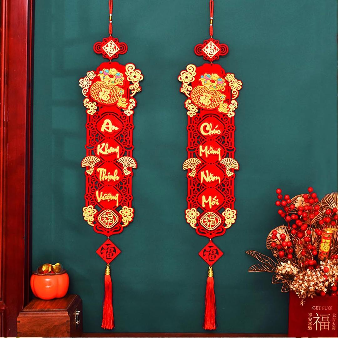 Vietnamese New Year Red Hanging Couplets, 2026 Asian Spring Festival Proch Banner for Tt Vit NAM Dcor, Traditional Vietnam Lunar Year Door Sign for Door Wall, Cu i Treo Tt Nguyn n