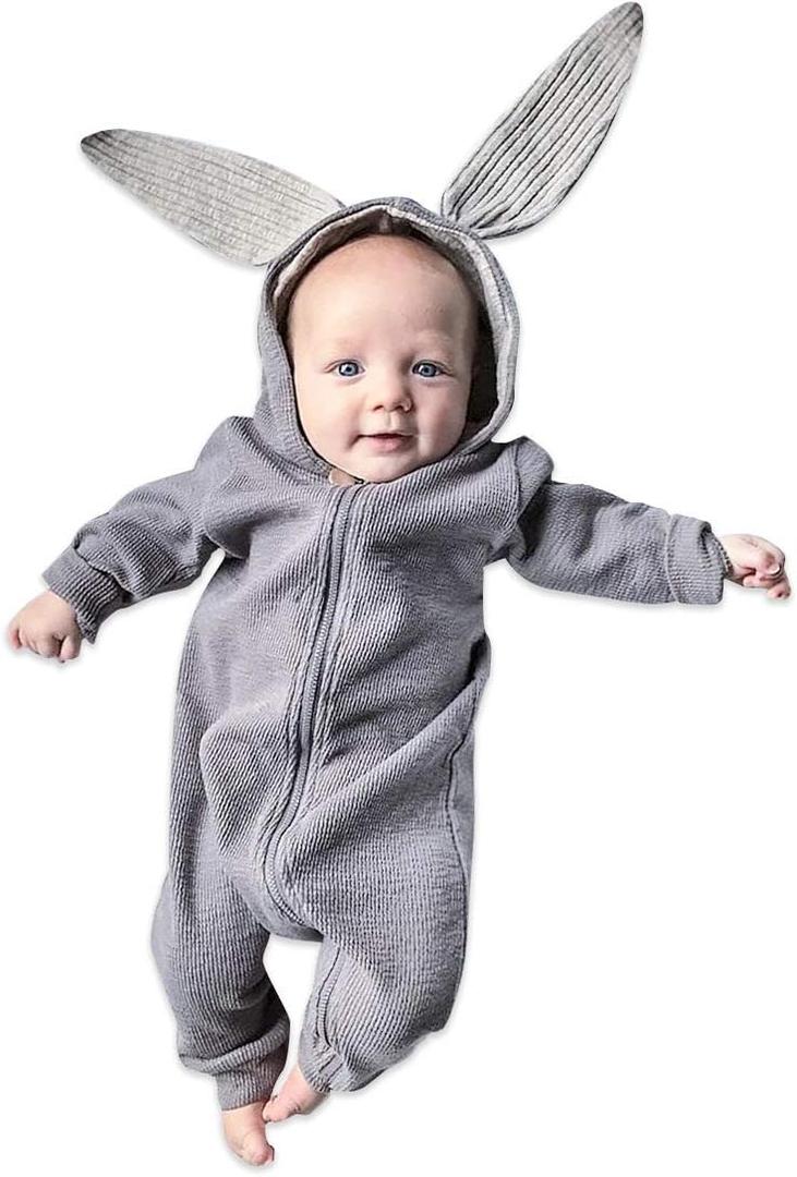 Simplee kids Animal Bunny Baby Easter Romper Long Ear Rabbit Hoodie Romper Jumpsuit with Zipper (Gray), 100