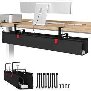 No Drill Under Desk Cable Management Tray, 36" Cord Organizer for Table, Clamp/Screw Mount Desk Cable Management, Premium Fabric Cable Management Tray for Office, Home（Black/2set）