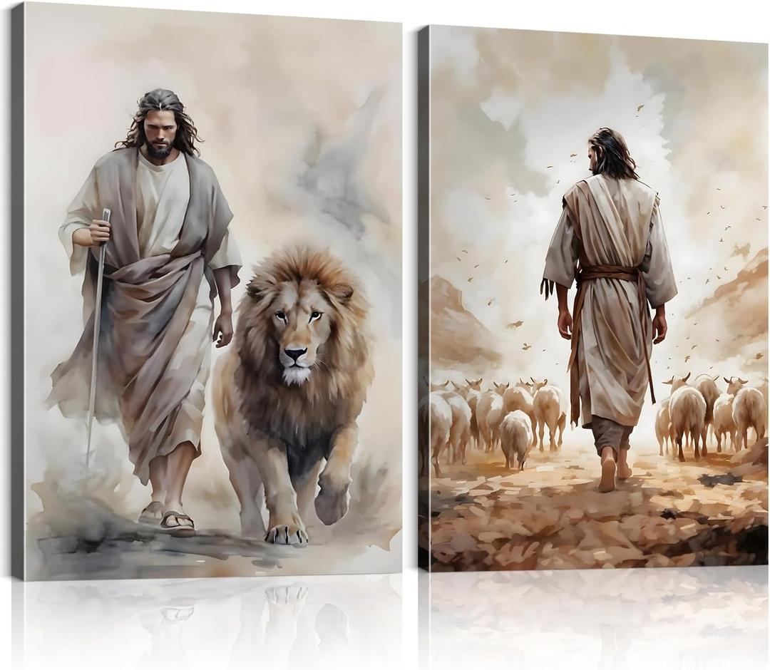 Framed 2Pcs Jesus Canvas wall Art Boho Christian Wall Art Jesus and Lamb Prints Wall Decor Lamb of God Pictures Posters Lion of judah Paintings for Livingroom Bedroom Church Decorations(16“*24”*2Framed)