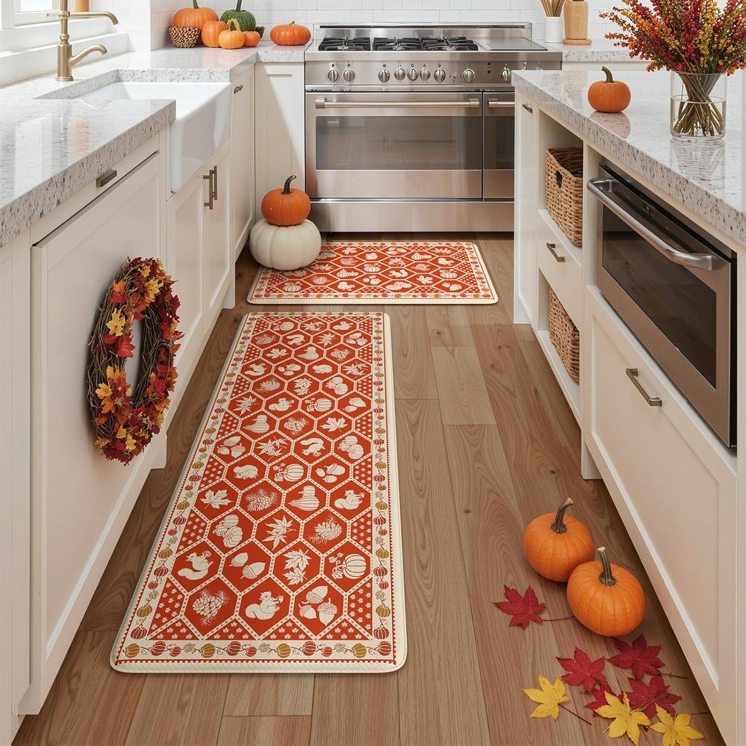 KIMODE Anti Fatigue Kitchen Mats for Floor, Fall Decor Moroccan Kitchen Rugs, Cushioned Kitchen Floor Mats Non Slip, Autumn Halloween Standing Mat for Laundry Office Sink Desk Orange 17"x47"+17"x29"