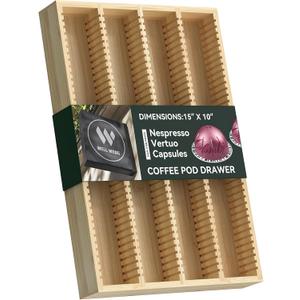 for Nespresso Vertuo Capsules - Premium Bamboo Coffee Pod Drawer Insert Organizer for Counter 15"Dx10"Wx1.5"H (40 Big or 52 Small pods)