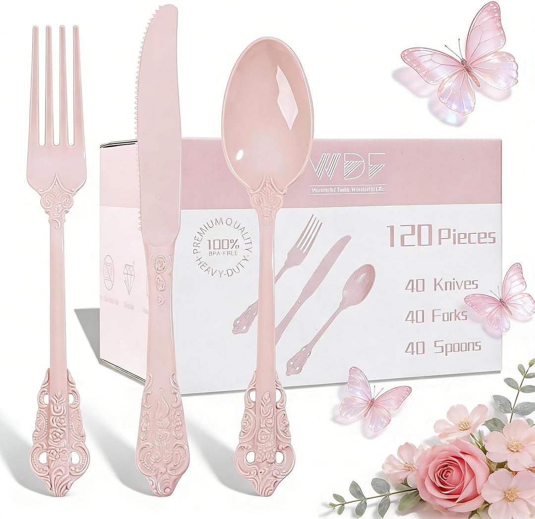 WDF 120 Pieces Heavy Duty Pink Plastic Cutlery Set - Disposable Utensils - Disposable Flatware Includes 40 Forks, 40 Spoons, 40 Knives for Party Baby Shower Wedding Spring Mother's Day