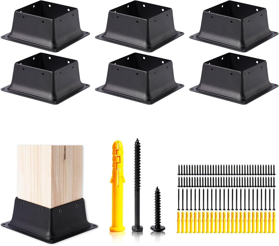 4 x 4 Post Base, 6 Pcs (Inner Size 3.6"x3.6"Deck Post Base) Heavy Duty Metal Black Powder Coated Post Brackets Fit for Standard Wood Post Anchor for Deck Porch Handrail Railing Support