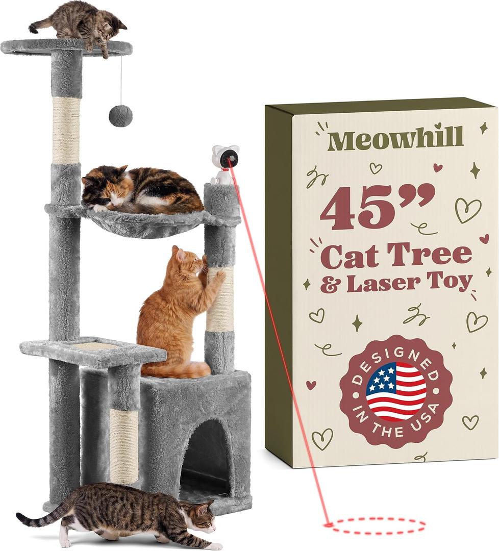 45-in Cat Tree for Indoor Cats with Built-in Laser Toy | Multi-Level Cat Tower with Plush Hammock, Cat House Scratching Posts, Cozy Condo Perch & Hanging Ball, Supports up to 22 LB, Gray