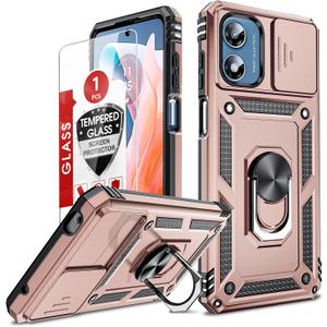 LeYi for Motorola G Play 2024 Case, Moto G Play Phone Case 2024 4G with Slide Camera Cover and Screen Protector, [Military-Grade] Hard Case with Magnetic Stand for Moto G Play 4G, Rose Gold