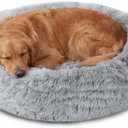 JOLLYVOGUE Calming Dog Bed Medium Size Dog, 31in Donut Washable Medium Pet Bed, Anti-Slip & Anti-Anxiety Fluffy Faux Fur Round Dogs Bed, Fits up to 45 lbs Pets (31.0"l X 31.0"w X 8.0"th, Smoke Grey)