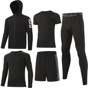 BUYJYA 5Pcs Men's T Shirts Workout Long Sleeve Athletic Zip Pocket Shorts Jackets Compression Pants Gym Clothes (Black, XXL)