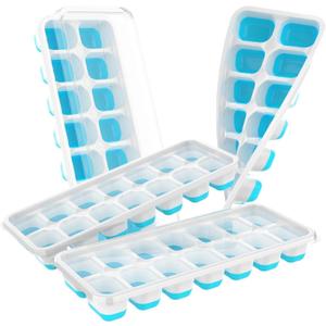 ChefAide Ice Cube Tray with Lid, 4 Packs 56 Cubes Durable Stackable Ice Cube Trays for Freezer with Removable Lids, Easy-Release Plastic & Silicone Ice Tray for Cocktail, Coffee (Blue)