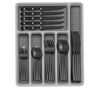 49-Piece Black Silverware Set with Organizer, Heavy Duty Stainless Steel Flatware for 8, Cutlery Utensil Sets with Steak Knives, Rust-proof, Mirror Polished, Dishwasher Safe, Black Heavy Duty