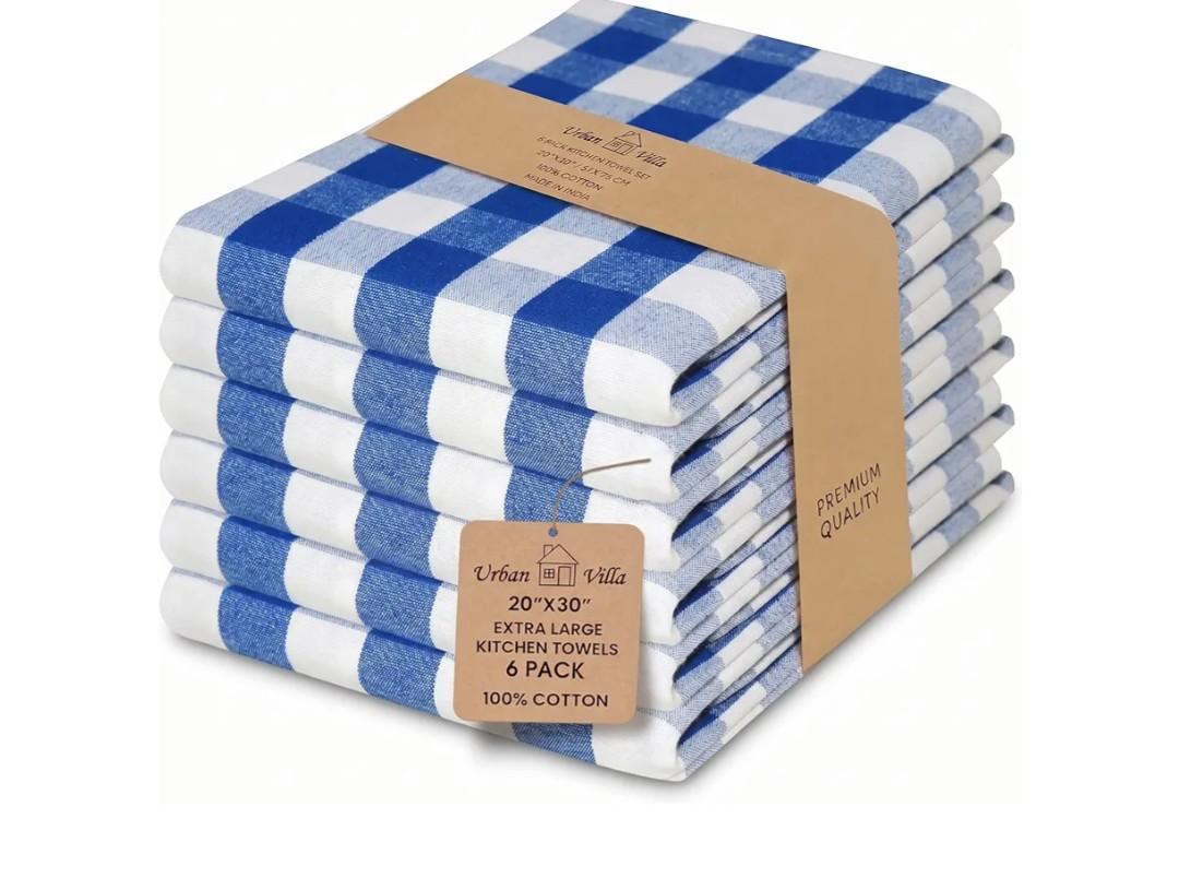 Urban Villa Kitchen Towels 100% Cotton Dish Towels for Kitchen (Set of 6) 20”x30” Dish Cloths Highly Absorbent Kitchen Linen Set with Hanging Loop Perfect for Drying Dishes Cleaning – Blue/White