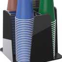 Coffee Cup Organizer for Countertop - Rotating Plastic Cup Holder 4 Compartments Black Acrylic Cup and Lid Holder for Coffee Bar Restaurant Breakroom Disposable Paper Coffee Cup Dispenser