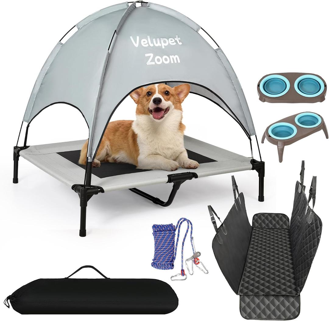 4-in-1 Pet Travel & Outdoor Set, Include 36in Gray Elevated Dog Bed with Canopy, Dog Canopy Bed, Pet Back Seat Cover, 50ft Tie Out Cable, Collapsible Double Pet Bowls