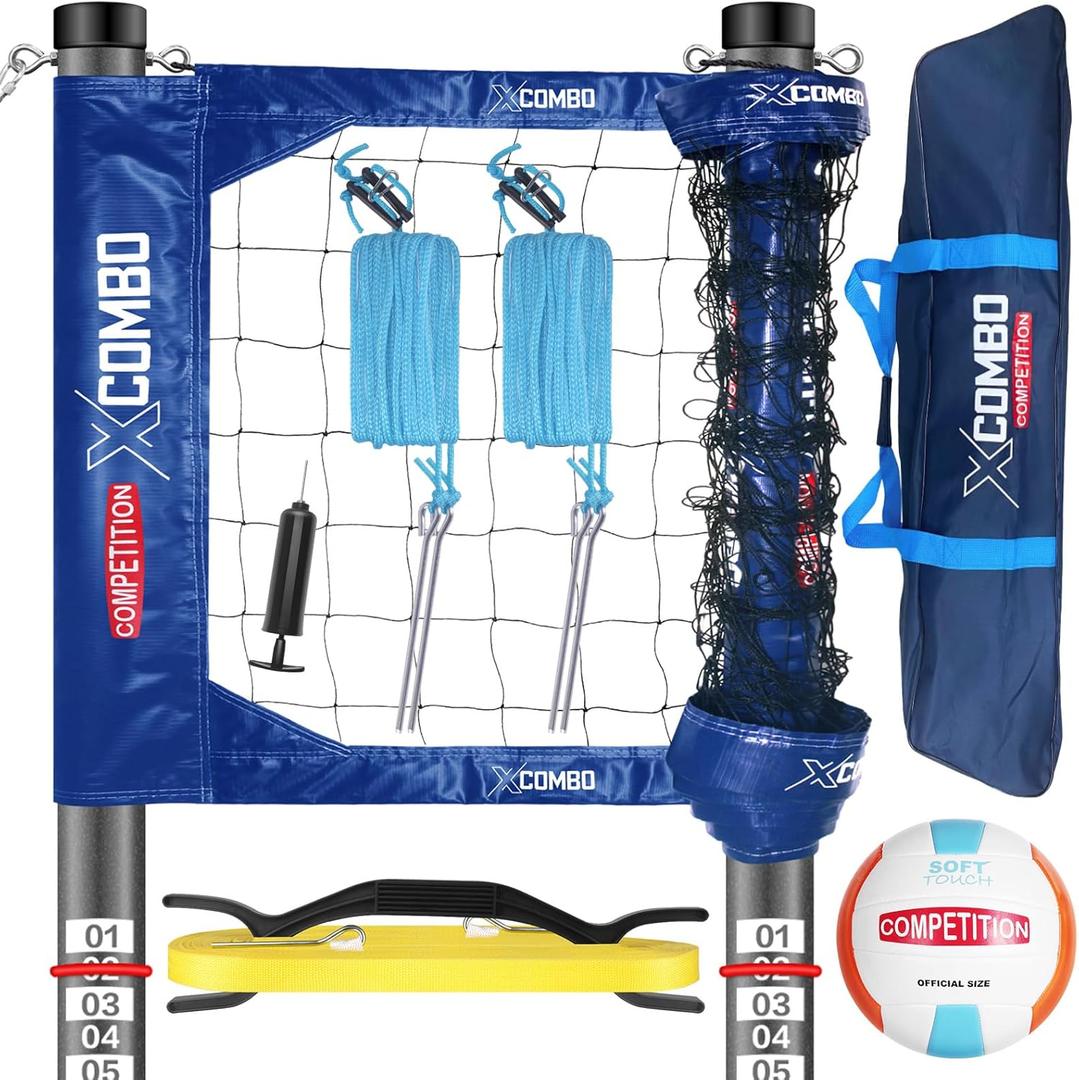 Professional Volleyball Net Set Heavy Duty for Outdoor Backyard Portable with Aluminum Adjustable Height Scoring Poles, Regulation Nets System for Tournament, Grass (Blue)