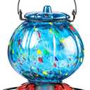 Hummingbird Feeder for Outdoors – Hand Blown Blue Glass Bird Feeder, Leakproof, Easy to Fill & Clean, 25 Ounces, Colorful Spotted Pumpkin Shape Decorative Hanging Gift for Her
