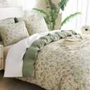 Queen Comforter Set Floral Soft 3 Pieces Chic Crinkle Gauze Fabric Garden Style Floral Print Botanical Comforter for All Seasons Luxury Warmth Comfy Breathable with 2 Pillowcases