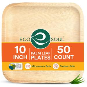ECO SOUL Palm Leaf Like Bamboo Plates, 10 Inch Square, 50 Pack, Bulk Disposable Dinner Plates, Compostable Biodegradable Natural Wooden Dinnerware for Parties, Weddings & Catering Events