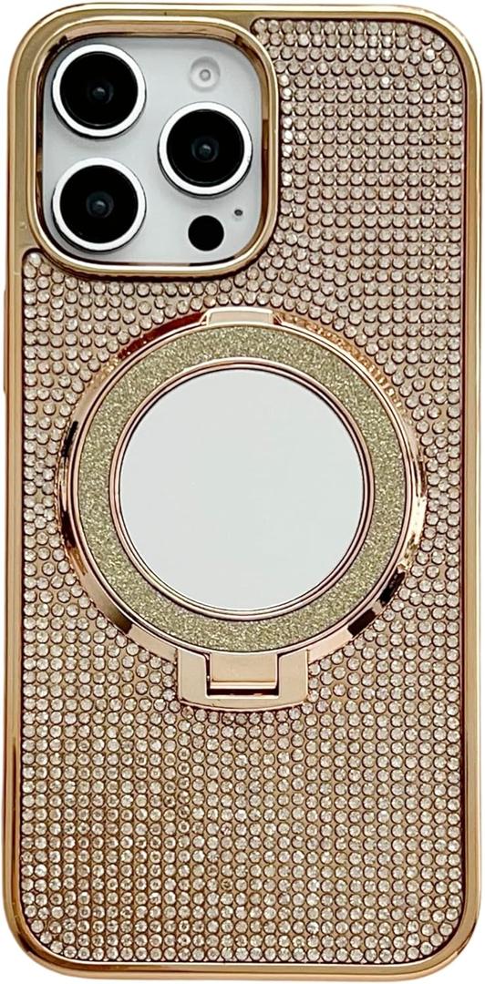 Caseative for iPhone 14 Case,Glitter Bling Diamond Mirror with Stand Holder Magnetic Compatible with MagSafe Wireless Charging (Gold,14)