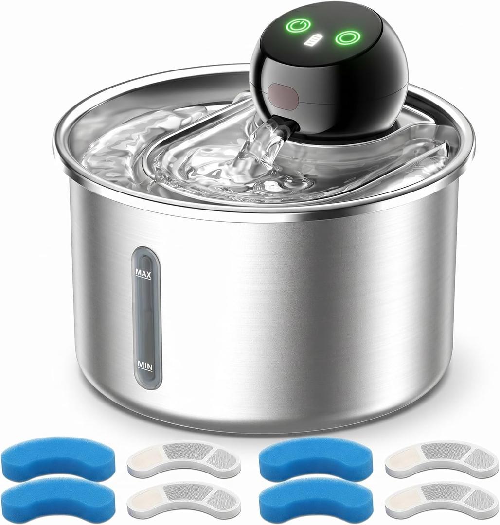 Cordless Cat Water Fountain 3L / 101oz, Stainless Steel Battery Operated Pet Fountain with 5000mAh Battery, Ultra Quiet, 3 Modes, 4 Filters, Helps Reduce Refills & Encourage Drinking