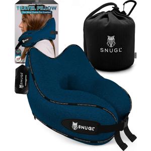 SNUGL Travel Pillow  Memory Foam Pillows - Neck Pillow for Airplane with Carry Bag & Clip  Neck Support Pillows for Pain Relief - Airplane Travel Essentials (Adult Regular - Navy)