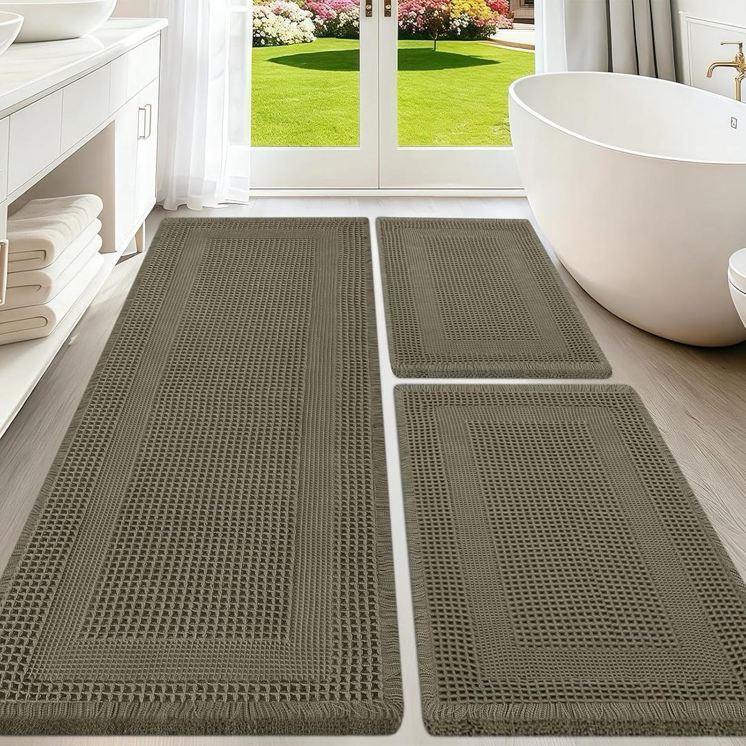 Upgraded Waffle Bath Mat Set 3 Piece Greyish Green-Looped, Super Absorbent Non-Slip Quick Dry Bathroom Rugs with Tassels, Machine Washable Ultra Soft Boho Bath Rugs, Toilet Mats Boho Farmhouse Decor, 48"x24"+36"x24"+24"x17"