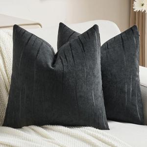 FUTEI Pack of 2 Chenille Decorative Throw Pillow Covers 26x26 Inch,Soft Embossed Striped Textured Euro Pillow Shams,Modern Home Decor for Couch Bed Living Room,Black