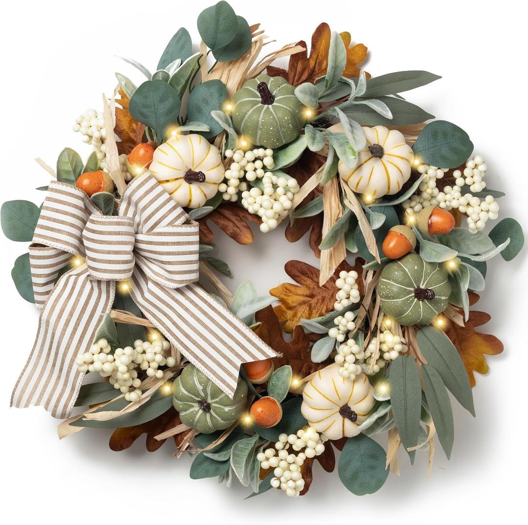Valery Madelyn Fall Wreaths for Front Door Outside, 20'' Farmhouse Autumn Door Wreath with Lights White Pumpkins Bow, Outdoor Fall Decorations for Home Porch Thanksgiving Harvest Table Centerpiece