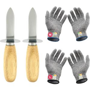 Oyster Shucking Knife Set of 2 Stainless Steel Oyster Knifes and 2 Pairs Level 5 Cut-Resistant GlovesOyster Knives Suitable for All Kinds of Shells and Oysters Shucking