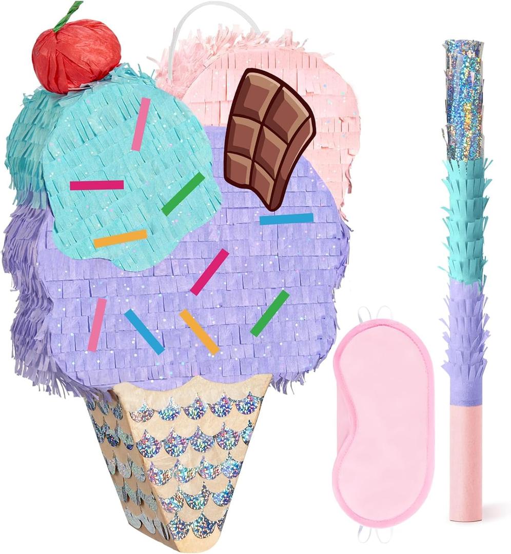 WERNNSAI Ice Cream Piata - Summer Ice Cream Party Decorations for Kids Girls Birthday Pink Piata Game Candyland Sweet Theme Party favors supplies with Bat Blindfold