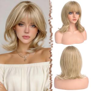 FESHFEN Shoulder Length Bob Wigs with Bangs for Women - Dirty Blonde Natural Layered Wavy Synthetic Wig For Daily Party Costume Use 14 Inch