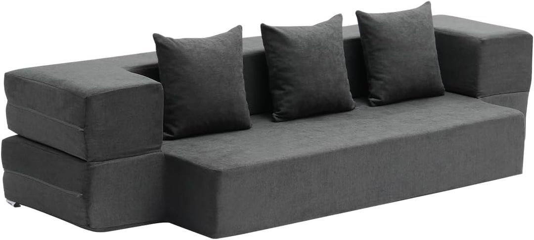 VEVOR Folding Sofa Bed, 3-in-1 Foldable Couch Bed with 3 Pillows and Washable Cover, 25D High Density Memory Foam Convertible Sleeper Chair Bed, Futon Couch for Living Room, Bedroom, Dark Grey(Twin)