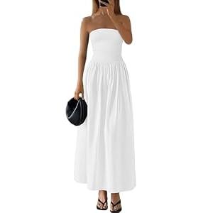 PRETTYGARDEN Women 2026 Summer Elegant Strapless Maxi Dress Tube Top Dress A Line Flowy Long Wedding Party Cocktail Dresses(White, Small)