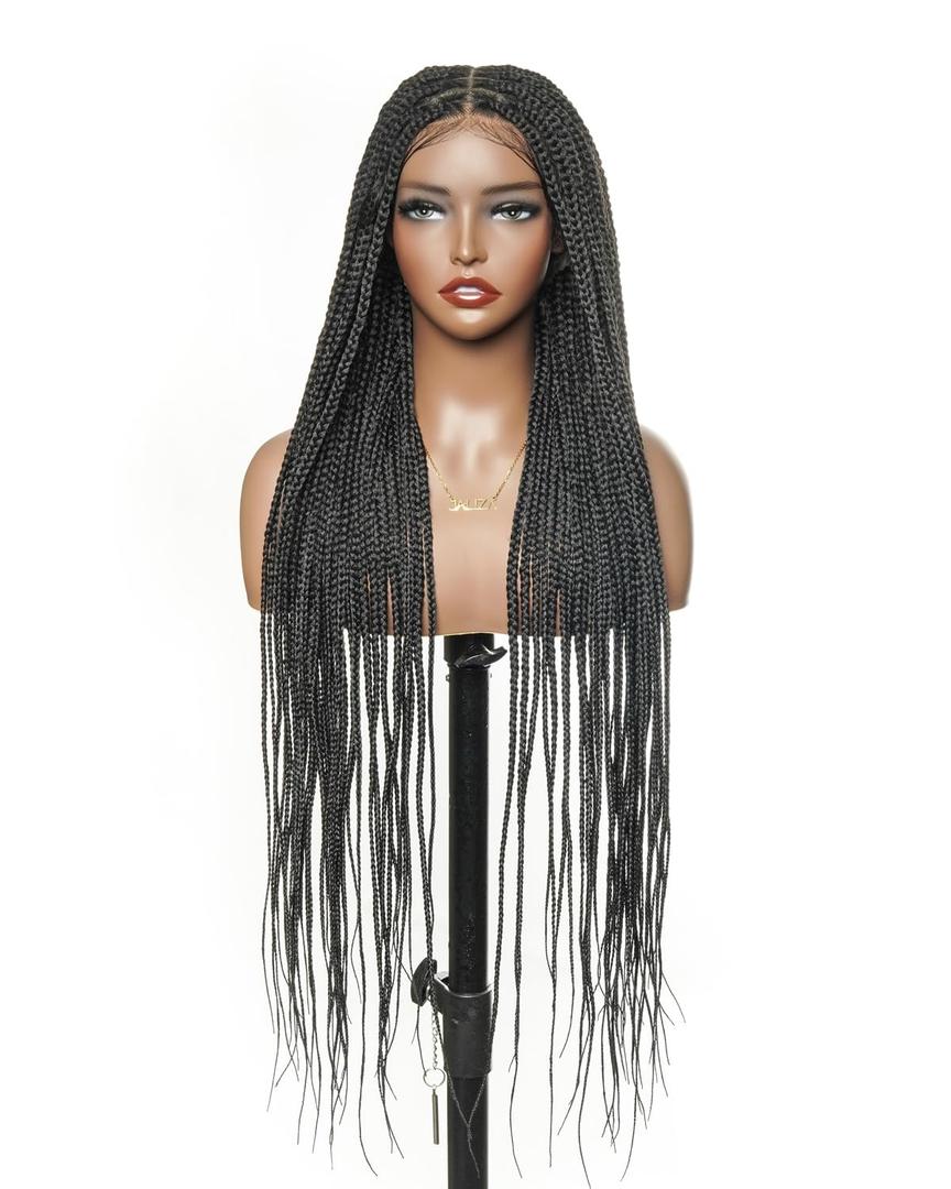 36" 360 Knotless Box Braided Wig with Swiss HD Full Lace  Pre-Cut, Black, 80 Strands, Lightweight Synthetic with Human Hair Baby Hair