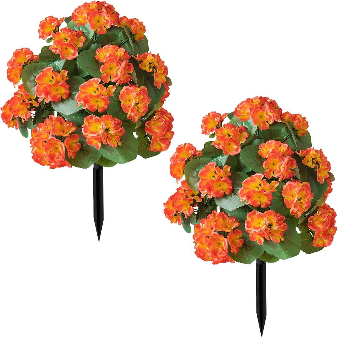 2Pcs 20" Artificial Boxwood Topiary Ball with Flowers Plants with Ground Spikes for Outdoor UV Resistant Realistic Fake Bushes Plants for Garden Yard Front Porch Patio Decor (Begonia Orange)