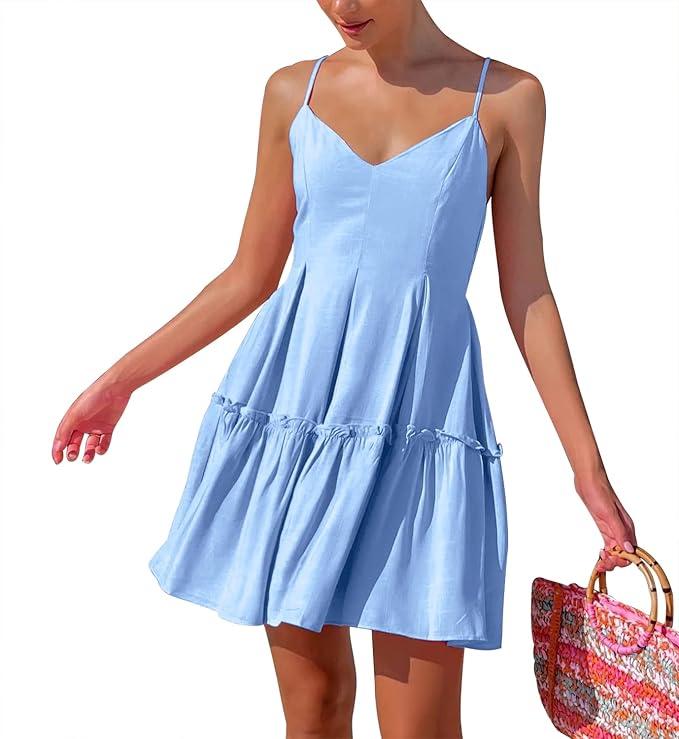FANCYINN Womens Summer Dress Spaghetti Strap Sleeveless V-Neck Casual Swing Sundress, Size S
