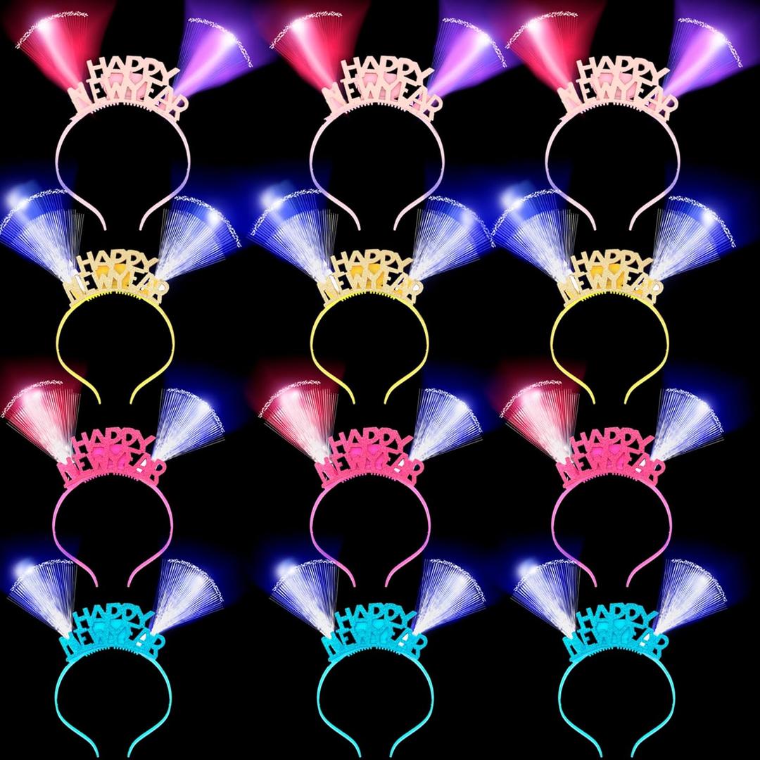 12 Pcs LED Light Up Happy New Year Headband Flashing Eve Headband for Kids & Adults - New Year's Eve Party Evening Performance, 4 Colors