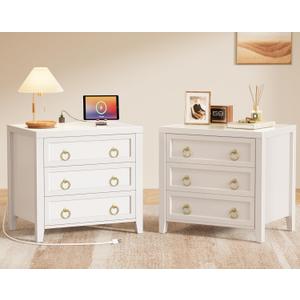 Huuger Paint Night Stand with Charger Station and USB-C Port, 3 Drawer Nightstands Set of 2, Larger Wider Bedside Table, Modern End Table, for Bedroom, White Nightstand