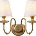 Aiwen 2-Light Bedroom Wall Lamps Polished Solid Brass Finish Wall Lights with White Flax Fabric Shade Vintage Reading Lights Wall Sconces for Bedside Hallway E12