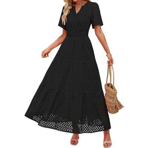 ZESICA Women's 2025 Summer Short Sleeve Maxi Dress Casual V Neck Hollow Out Eyelet Ruffle Swing A Line Long Dresses (Medium)